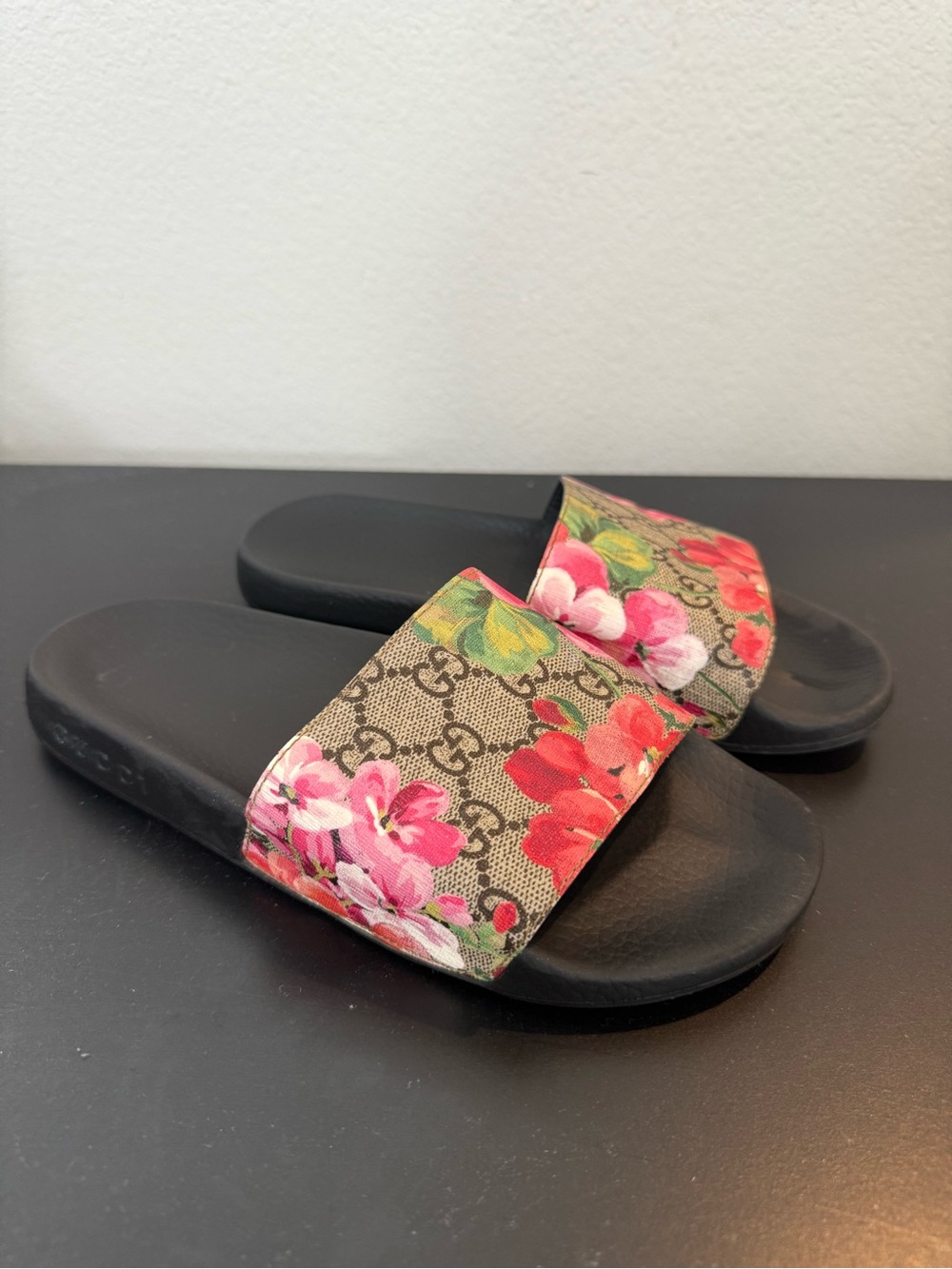 Gucci Black Footbed Floral Monogram Slide Sandals